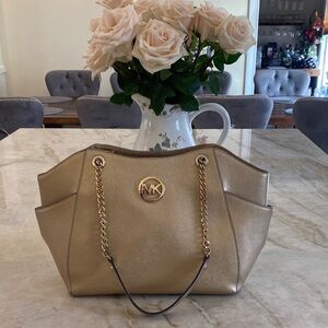 Michael Kors Metallic Gold Tote with Chain-Strap Accents
